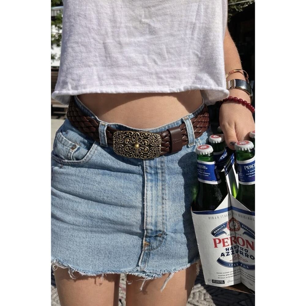 GUESS Y2K Chocolate Braided Leather Belt w/ Ornate Brass Buckle + Keeper Rare!